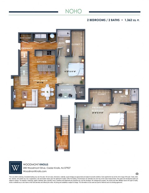Floor plan for 2 beds, 2 baths, 1362 sqft